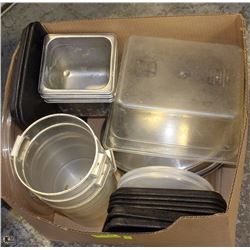 BOX OF MISC KITCHEN SUPPLIES INCL PLASTIC INSERTS,