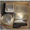 BOX OF MISC KITCHEN SUPPLIES INCL PLASTIC INSERTS,