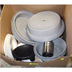 LARGE BOX OF MISC INCLUDING PLATE COVERS,