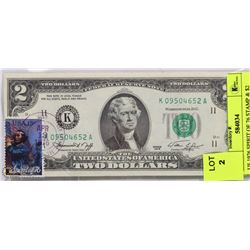 US 1976 SPIRIT OF 76 STAMP & $2 BILL.