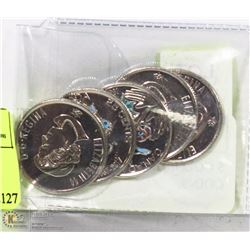 5 COLORIZED CANADIAN 25 CENT COINS.