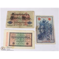 LOT OF 3 GERMAN WWI BANK NOTES INCL 100(1908),