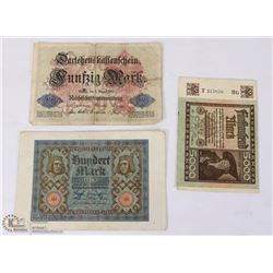 LOT OF 3 GERMAN WWI BANK NOTES INCL 50(1914),