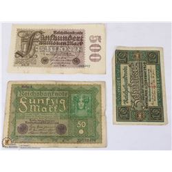 LOT OF 3 GERMAN WWI BANK NOTES INCL 50-(1919),