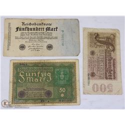 LOT OF 3 GERMAN WWI BANK NOTES INCL 500-(1923),