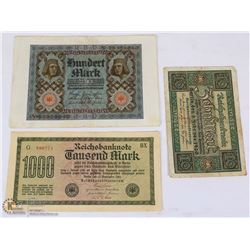 LOT OF 3 GERMAN WWI BANK NOTES INCL 10-(1920),