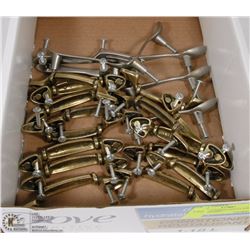 15 BRASS CABINET PULLS AND 5 SILVER SPOONS