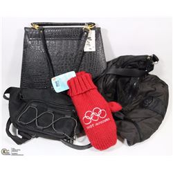 3 ASSORTED BAGS, PURSES AND OLYMPIC MITTENS