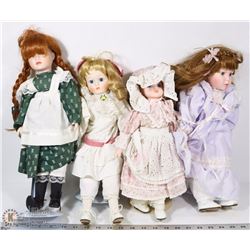 4 VINTAGE DOLLS ON STANDS.