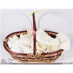 BASKET OF CROCHETED HANDMADE DOILIES & LINENS