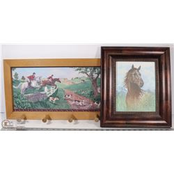 2 HORSE PICTURES , 1 WITH COAT HOOKS WOODEN AND