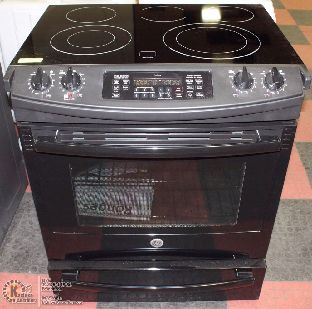 BLACK GE SLIDE IN 5 BURNER CERAMIC TOP STOVE
