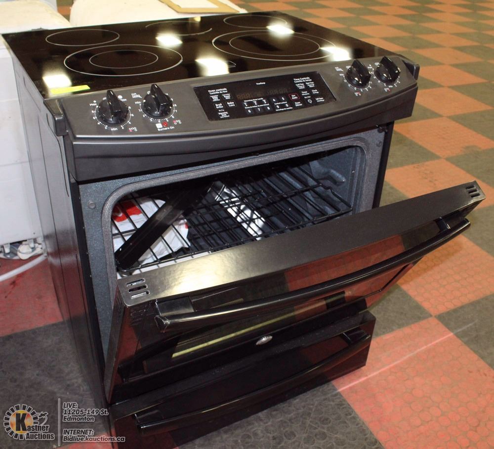 BLACK GE SLIDE IN 5 BURNER CERAMIC TOP STOVE