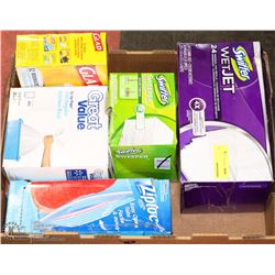 BOX OF GARBAGE BAGS, ZIPLOC BAGS,  SWEEPER PADS