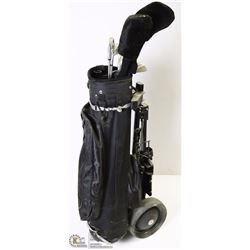 SET OF YOUTH GOLF CLUBS WITH BAG & HAND CART.
