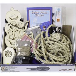 BOX OF CRAFT SUPPLIES INCL STAINED GLASS, WOOD,