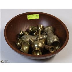 WOODEN PLATE W/ BRASS VASES & CANDLE HOLDERS