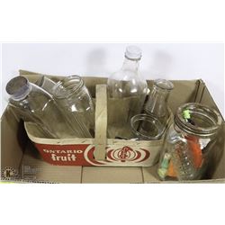 VINTAGE FRUIT BASKET WITH ANTIQUE BOTTLES &