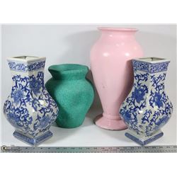 BOX WITH 4 LARGE VASES INCL BLUE AND WHITE.