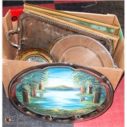 BOX OF COLLECTIBLES TRAYS INCL HANDPAINTED, SILVER