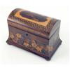 Image 1 : A Tunbridgeware tea caddy, the barrelled lid decorated with buildings within a landscape and each...