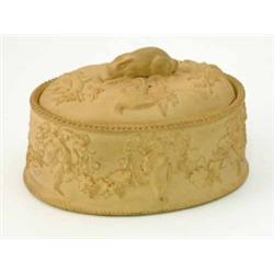 A Victorian Wedgwood stoneware game dish, cover and liner, with rabbit finial and frieze of game...