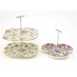 A Royal Winton Queen Anne pattern chintzware cake stand, with plated handle, printed mark and a R...