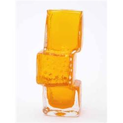 Whitefriars drunken bricklayer vase, designed by Geoffrey Baxter in textured tangerine coloured g...