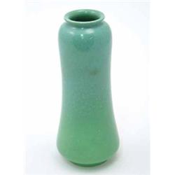 A Ruskin green-glazed vase, tapered cylindrical form with mottled blue green glaze, impressed mar...
