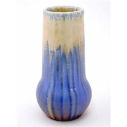 A Ruskin crystalline glaze vase with tall tapered cylindrical neck on globular base, blue to crea...