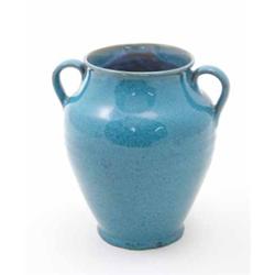 A Poole Pottery two-handled vase, urn shape with mottled blue glaze, impressed mark, Carter Stabl...