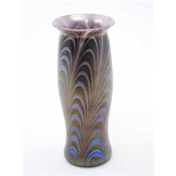 A Loetz style vase, slender baluster form with iridescent feather like decoration, 9"...