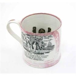 A Sunderland Pottery pink lustreware frog mug, transfer printed in black with two sailors and a s...