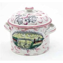 A Sunderland pink lustre pot and cover, cylindrical shape with a transfer-printed panel of the Su...