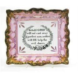 A Sunderland Pottery pink lustreware plaque, transfer printed in black with inscription, ‘Behold...