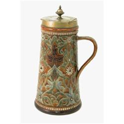 A Doulton Lambeth lemonade jug by Edith Lupton, tapering cylindrical shape with plated cover, dat...