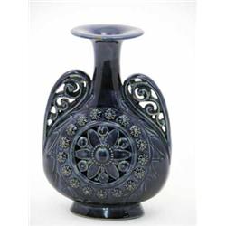A Royal Doulton stoneware baluster vase, with dark blue glaze and scroll handles 7.75ins...