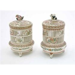 Two Satsuma koros and covers, modelled as a cage and surmounted with duck and rabbit finials, sig...