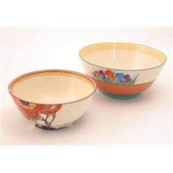 A Clarice Cliff Crocus-pattern fruit bowl, (8in.), and a smaller Rhodanthe pattern bowl (6.5in.),...