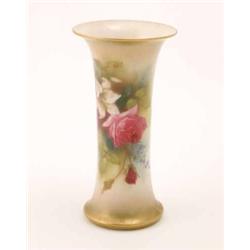 A Royal Worcester vase, of waisted form with everted gilt rim, painted with roses by Gladys Farle...