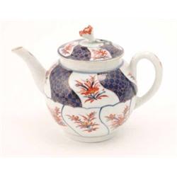 A first period Worcester teapot, globular shape painted with a Japan pattern, cover with flower k...