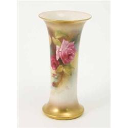 A Royal Worcester trumpet vase, painted with roses by Ethel Spilsbury, circa 1917, 1554, 9 ins...