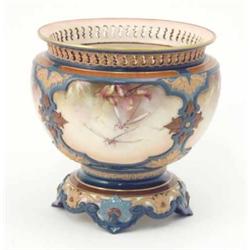 A Hadley’s Worcester Faience jardiniere, painted with panels of blackberries and dragonflies, cir...
