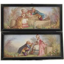 A pair of 19th century rectangular ceramic plaques, painted with scenes of romantic dalliance aft...