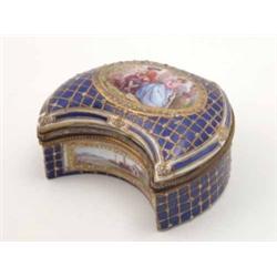 A 19th century crescent-shaped porcelain box in style of Sevres, painted with a courting couple w...