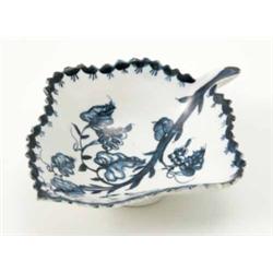 A Lowestoft leaf shape pickle dish, painted in underglaze blue with fruiting grape vines, circa 1...
