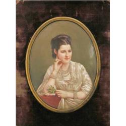 A late 19th Century Dresden oval porcelain plaque, painted with a half length portrait of a seate...