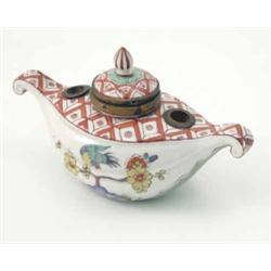 A 19th Century French porcelain inkstand, painted with birds and floral sprigs in style of Chanti...