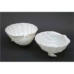 A pair of first period Belleek oyster dishes, on nautilus shell feet, 5.5"...