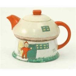 A Shelley teapot, after Mabel Lucie Atwell, cottage shape with elf and rabbit in doorway, 4ins...